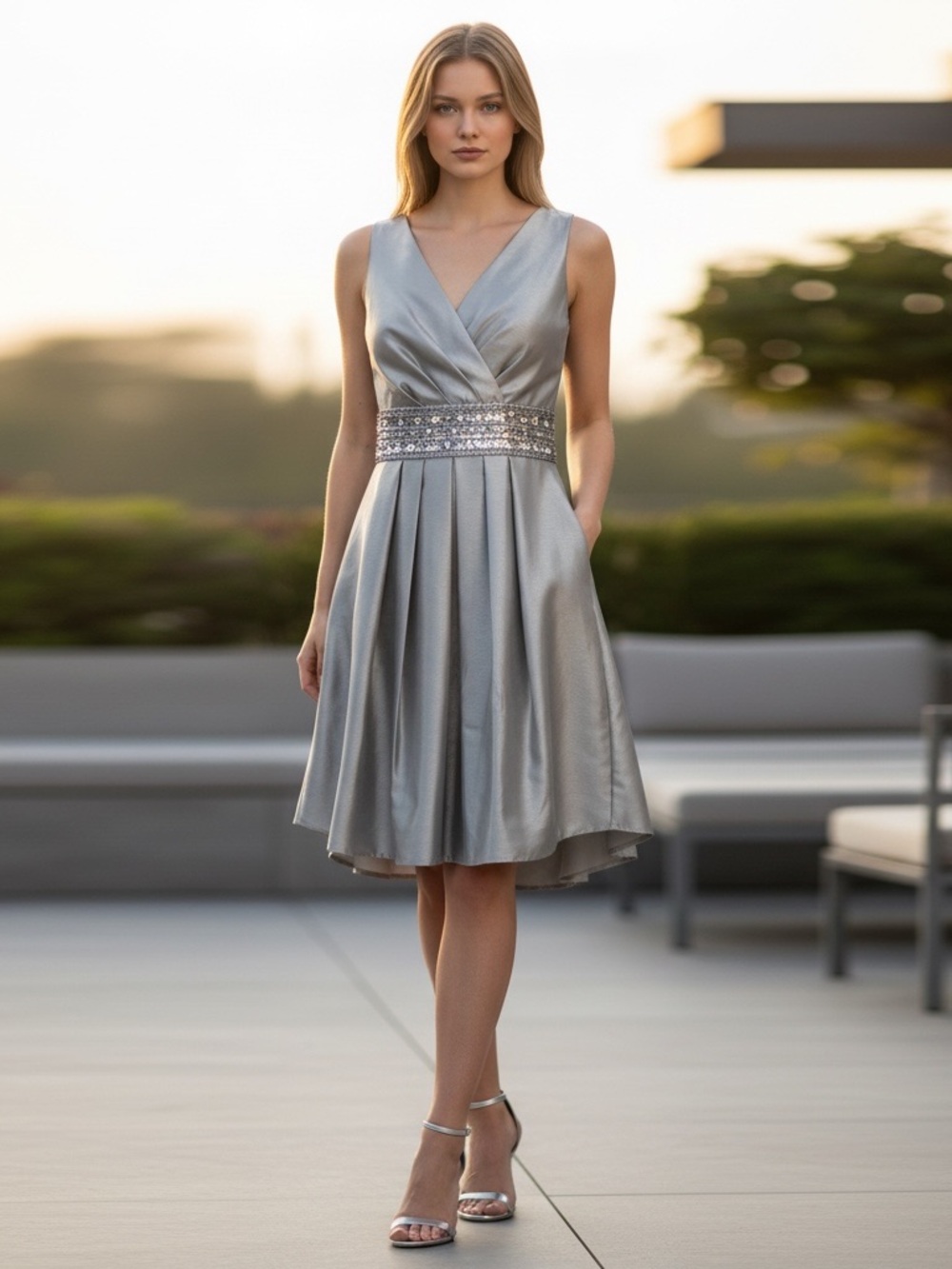 Vintage 2000s JS Boutique Petite Satin Cocktail Dress Beaded Waist Lt Blue 4P